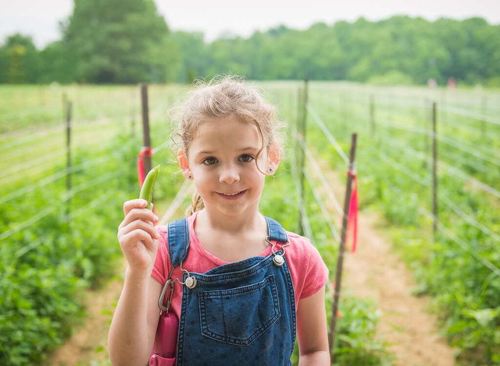 little girl holding a pea